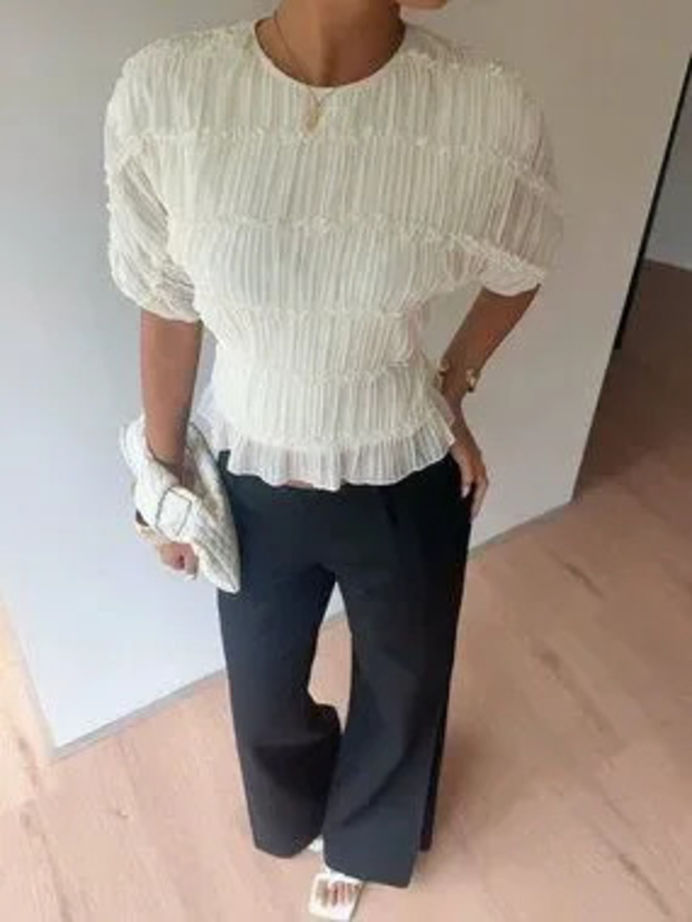 ZARA Apricot Elegant Women's Lace Ruffle Crew Neck Blouse
